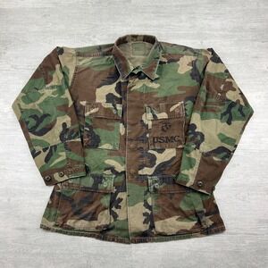 Vintage 90s Woodland Camo Military Field Jacket Size Medium USMC Stencil Cargo